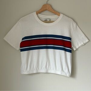 White Hollister Co. cropped tee with red and navy stripes